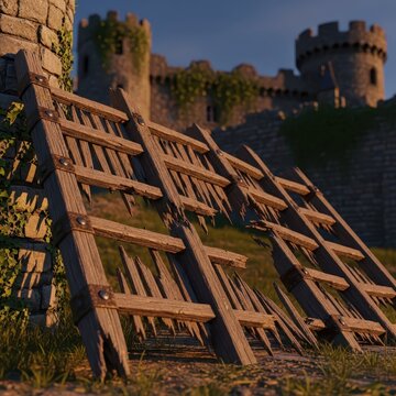 Wooden Siege Ladders Against Medieval Castle Walls
