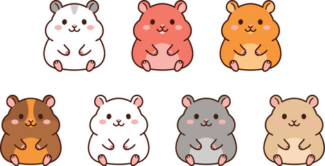 Obraz premium Cute kawaii hamster mascot collection featuring adorable round cartoon rodents with different colors and playful expressions vector illustration