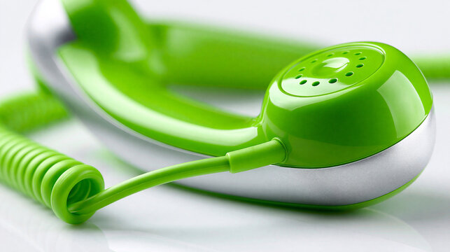 Gr&uuml;ner Retro-Telefonh&ouml;rer mit Kabel liegt auf wei&szlig;em Hintergrund freigestellt