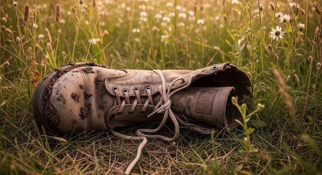 Worn Military Boot Covered in Mud Lying in a Grassy Field