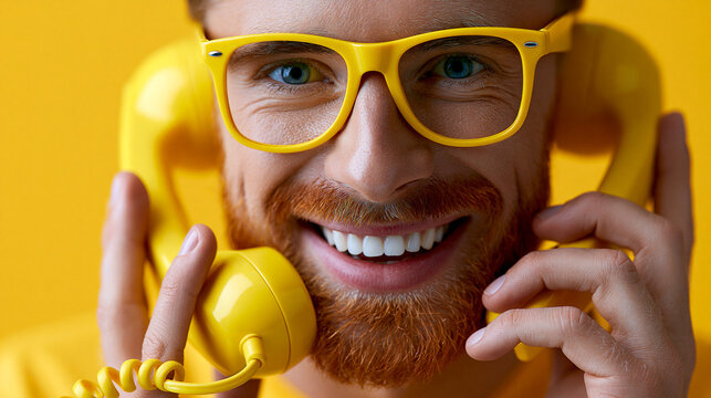 Mann mit gelber Brille und rotem Bart telefoniert lachend mit gelbem Retrotelefon