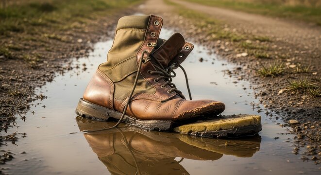 Worn Military Combat Boot Submerged in a Muddy Puddle