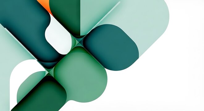 Geometric abstract design with rounded shapes in shades of green, orange, and white