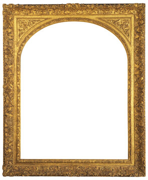 Ornate antique arched golden picture frame, intricate Baroque style carvings. Isolated overlay on transparent background PNG