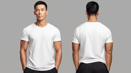 A young, muscular Asian Man in a white T—shirt is shown from two angles - front and back. It is ideal for layout, print, and fashion design.
