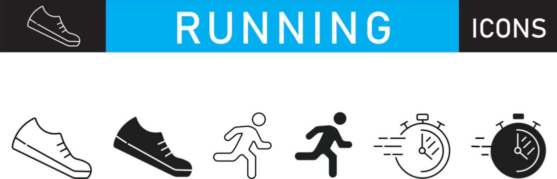 Running icons set with sneakers, runner silhouettes, and fast stopwatches. Minimalist fitness and marathon glyph and line art symbols vector illustration.