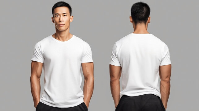 A young, muscular Asian Man in a white T&mdash;shirt is shown from two angles - front and back. It is ideal for layout, print, and fashion design.