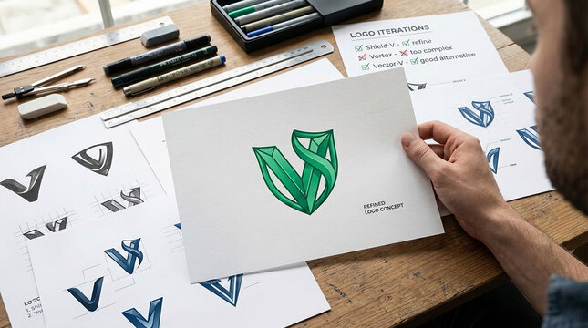 Graphic designer working on logo iterations, showcasing creative process and refinement of brand identity, representing concept development and professional design work.