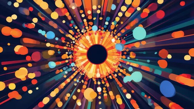 Colorful abstract sunburst with radiating dots in orange and blue tones, festive explosion illustration, dynamic celebration energy, vibrant party design.