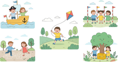 Fototapeta premium Cute outdoor adventure illustration collection featuring children playing, camping, sailing, kite flying, and summer park activities