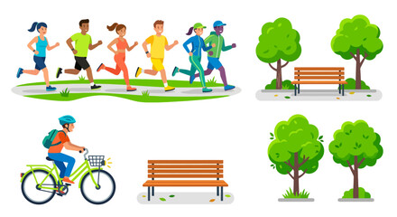 Fototapeta premium Diverse group of people jogging and riding a bike in a public park