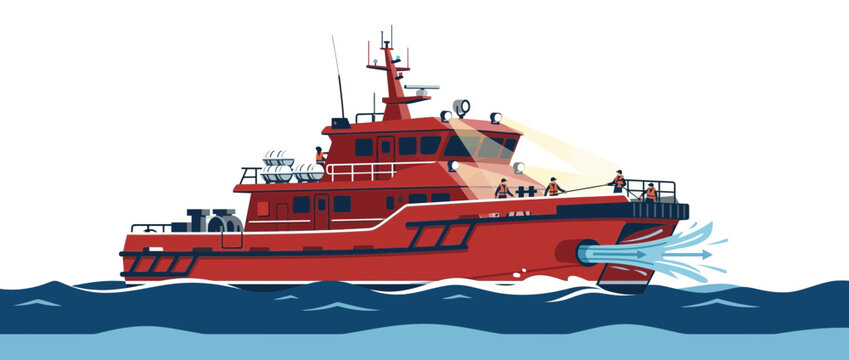 Red Fireboat Spraying Water in Ocean Waves Illustration