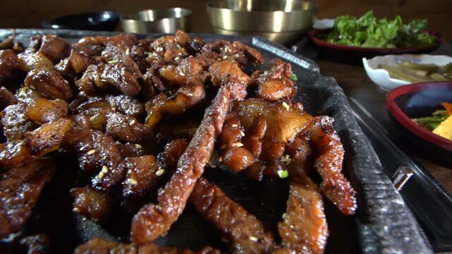 Korean pork ribs charcoal BBQ grilled meat traditional table set side dish rice soup restaurant k food 돼지갈비 숯불갈비 숯불구이 석쇠 구이 고기 불고기 삼겹살 양념돼지고기 정식 한식 백반 반찬 밥 국 한국식 상차림 식당 음식 요리 케이푸드