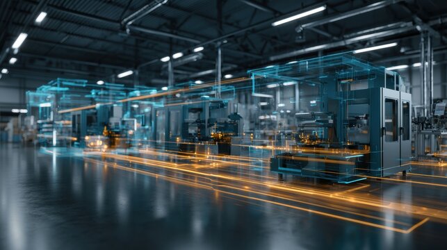 AI agents on a digital manufacturing floor adjust production settings with glowing control threads in an industrial scene with a dark aesthetic.
