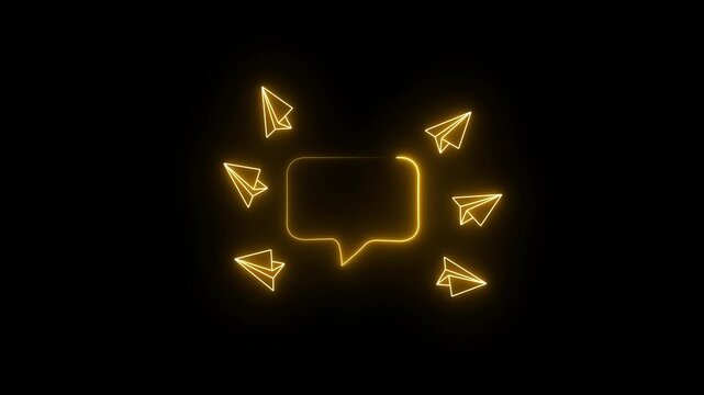 A cluster of six simple outline paper airplanes flying in different directions around a central empty speech bubble outline messaging, chat, paper plane, communication, UI Icon, 4k.