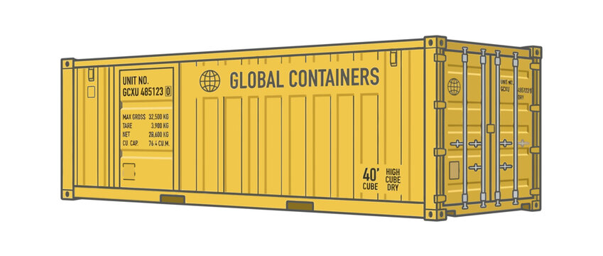 Yellow 40ft Shipping Container with Global Containers Logo, Freight Logistics