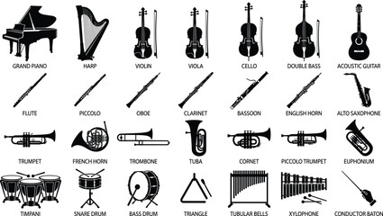 Orchestra, musical, instrument, silhouette, icon, bundle, piano, violin, flute, trumpet, drum, xylophone, harp, cello, saxophone, music, vector, isolated, collection, set © SUMAIYA
