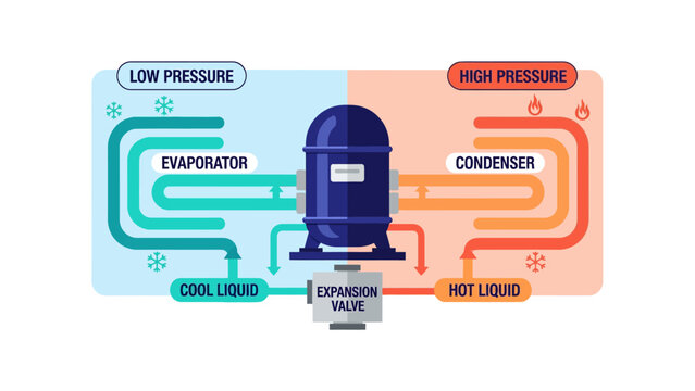 HVAC Refrigeration Cycle Diagram with evaporator and condenser components ideal for educational materials and technical HVAC training.