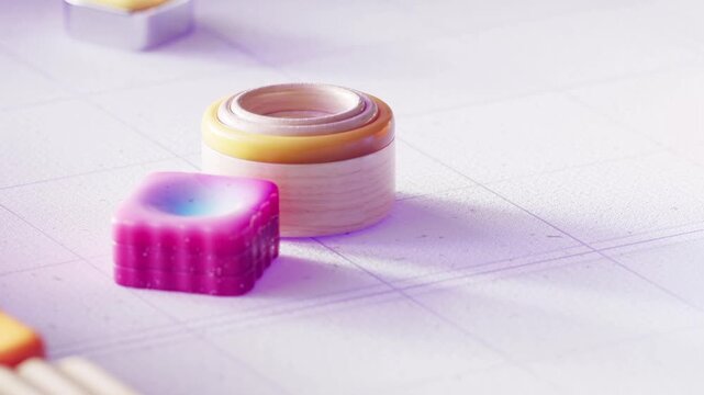 It showcases various small objects&mdash;cubes, hollow rings (doughnuts), and cylinders&mdash;featuring diverse textures, ranging from smooth wood grain and glossy plastic to metallic finishes.