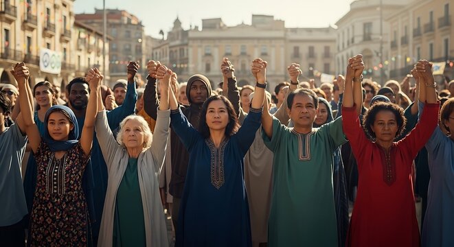 Diverse group of multiethnic people standing together holding hands in unity.