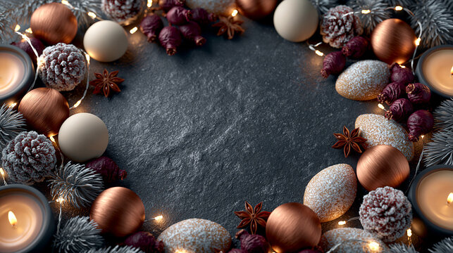 Weihnachtskranz liegt flach mit Kugeln, Kerzen und Zapfen auf dunklem Untergrund
