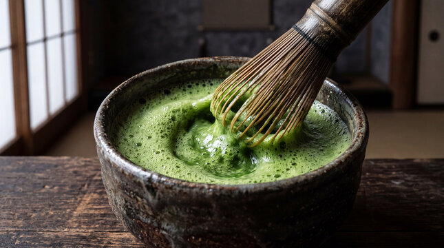 Close Up of Bamboo Whisk Whisking Frothy Green Matcha in a Dark Rustic Clay Bowl
