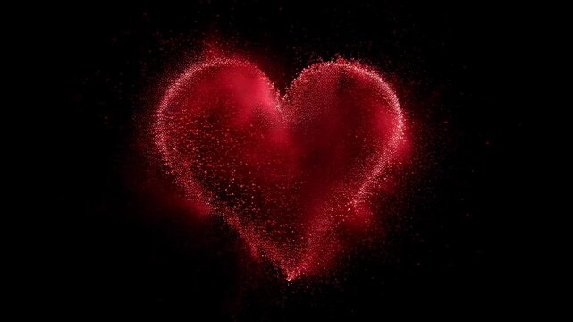 Shining volumetric red heart symbol formed by magical glowing particles and dust exploding in dark background. Concept of intense passion and romantic magic