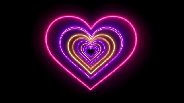 Abstract tunnel of glowing pink and orange neon hearts repeating infinitely moving inward on dark background. Concept of continuous love and romantic atmosphere