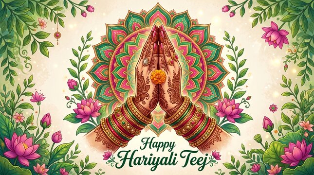 Hariyali Teej festival greeting with henna hand, floral pattern and text