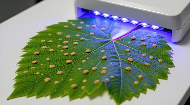 Green leaf with brown spots under blue light device. Plant research for disease identification or pest detection. Scientific analysis of crop health. Botany study. Agronomy innovation.