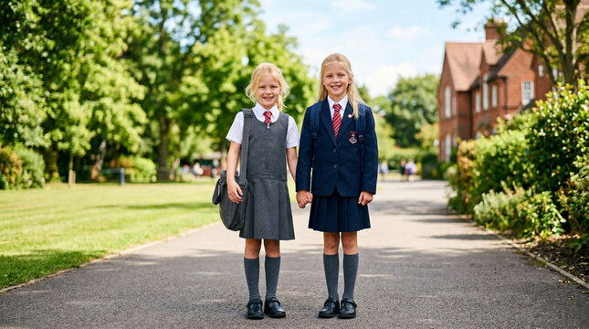 Two young schoolgirls wearing formal uniforms standing together holding hands on a sunny path outside a traditional brick school building