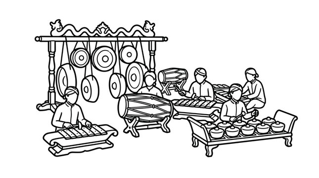 Traditional Indonesian Gamelan Orchestra Performing Music.