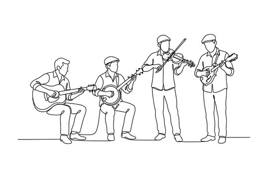 A continuous line drawing of a four piece bluegrass band performing music.