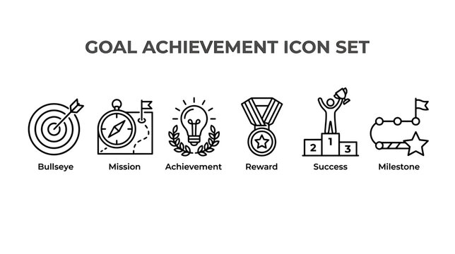 Goal Achievement Icon Set: Bullseye, Mission, Achievement, Reward, Success, Milestone