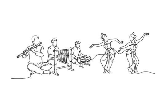 Continuous line drawing of traditional Balinese musicians and dancers performing together.