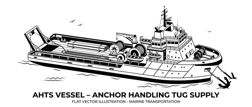Anchor Handling Tug Supply Vessel in Black and White Vector Illustration