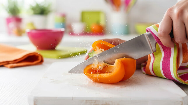 Close-up of a hand cutting a fresh orange bell pepper with a sharp chef knife on a cutting board. Vibrant kitchen scene highlighting healthy cooking, meal preparation and fresh ingredients.