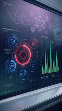Digital display showcasing complex data, charts, and graphs, representing system linkages and performance analysis, symbolizing technology and information management