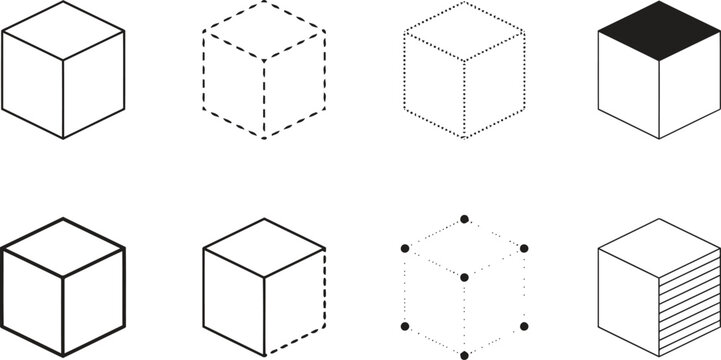 A set of eight different cube featuring varied line weights, dashed edges, dotted corners, and shaded sides on a white background