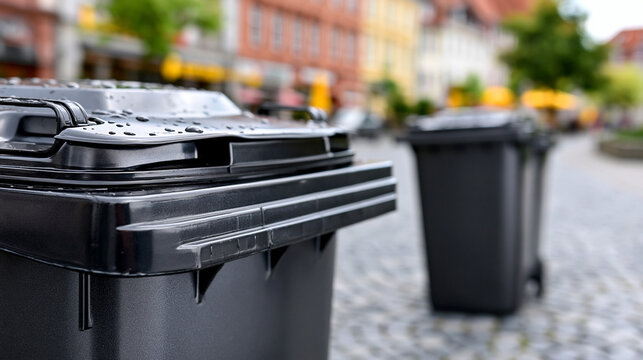 Schwarze M&uuml;lltonnen stehen mit geschlossenem Deckel am Stra&szlig;enrand vor Wohnh&auml;usern