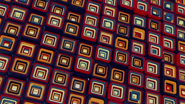 A retro-style arrangement of rounded cubes. This geometric structure moves dynamically up and down, creating a wave-like visual effect.