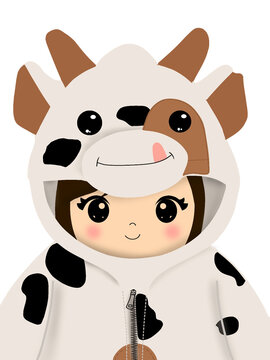 Cute Girl Wearing Cow Hoodie Character