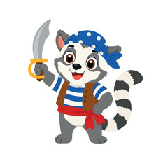 Cute pirate lemur wearing a striped shirt, brown vest and blue polka dot bandana, holding a curved cutlass. Flat vector cartoon isolated on white background. © Universe Mary
