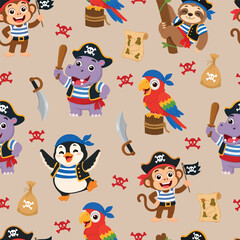 Naklejka premium Seamless pirate pattern with monkey, penguin, hippopotamus, parrot and sloth. Cute flat vector background for kids, fabric, wallpaper and prints.