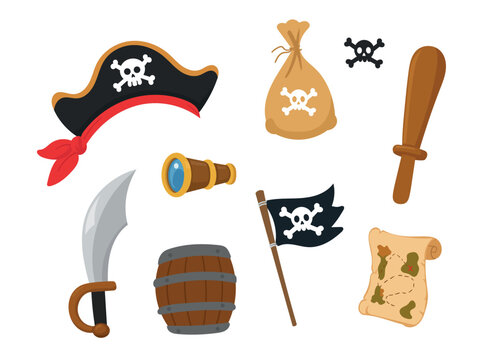 Cute pirate accessories set with hat, sword, telescope, treasure map, flag, barrel, club and loot bag. Flat vector icons isolated on white background.