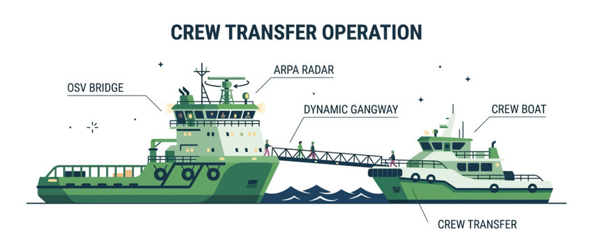 Offshore Crew Transfer Operation: OSV and Crew Boat Connected by Dynamic Gangway
