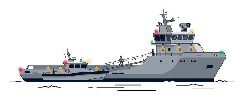 Modern naval vessel with escort boat, illustration, maritime, navy, technology