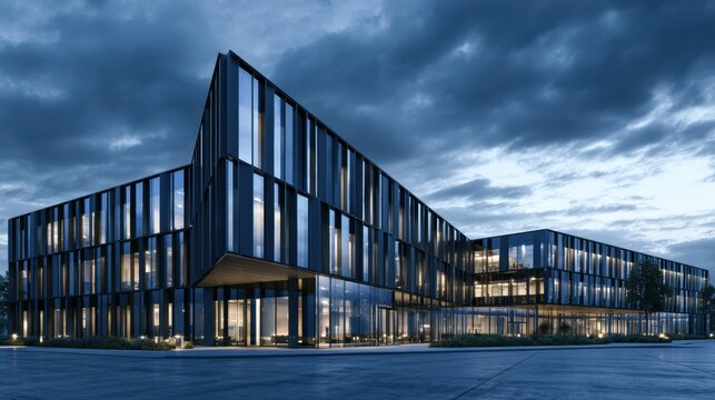 A vast modern data center stands firm at blue hour with a glowing glass facade under dramatic clouds and volumetric light from a low camera angle.