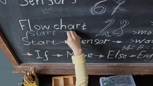 Child writing programming flowchart on blackboard during robotics lesson. Footage is ideal for promoting STEM education, coding bootcamps, and modern elementary school curricula