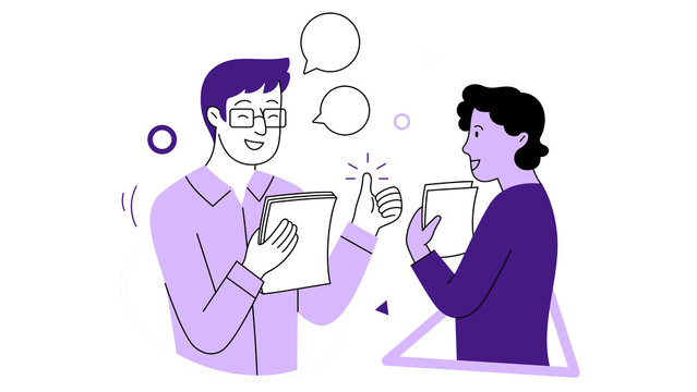Purple themed flat vector illustration of two business people talking and giving a thumbs up
